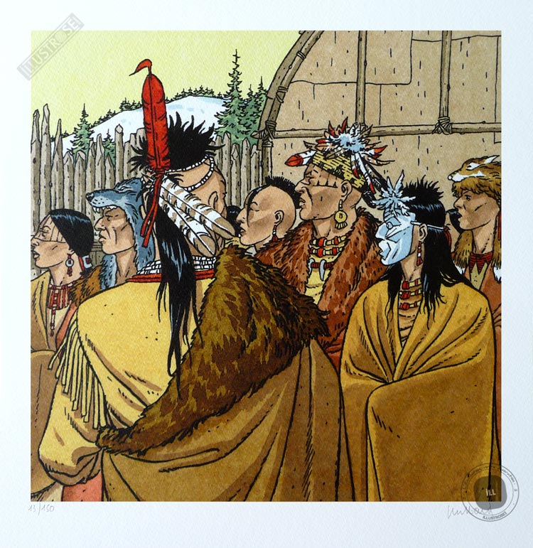 Affiche d'art BD signée André Juillard, 'Les indiens du Canada, plumes au vent' - Illustrose