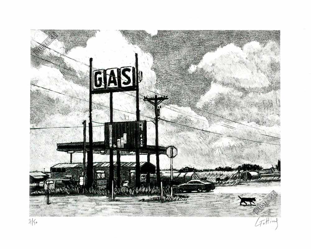 Estampe pigmentaire Jean-Claude Götting 'Route 66 Gas' - Illustrose